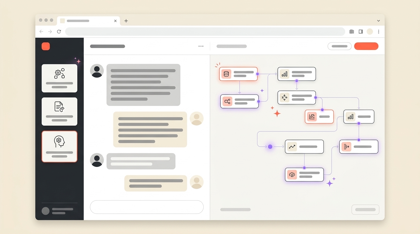 AI tools workspace with a chat panel and workflow diagram
