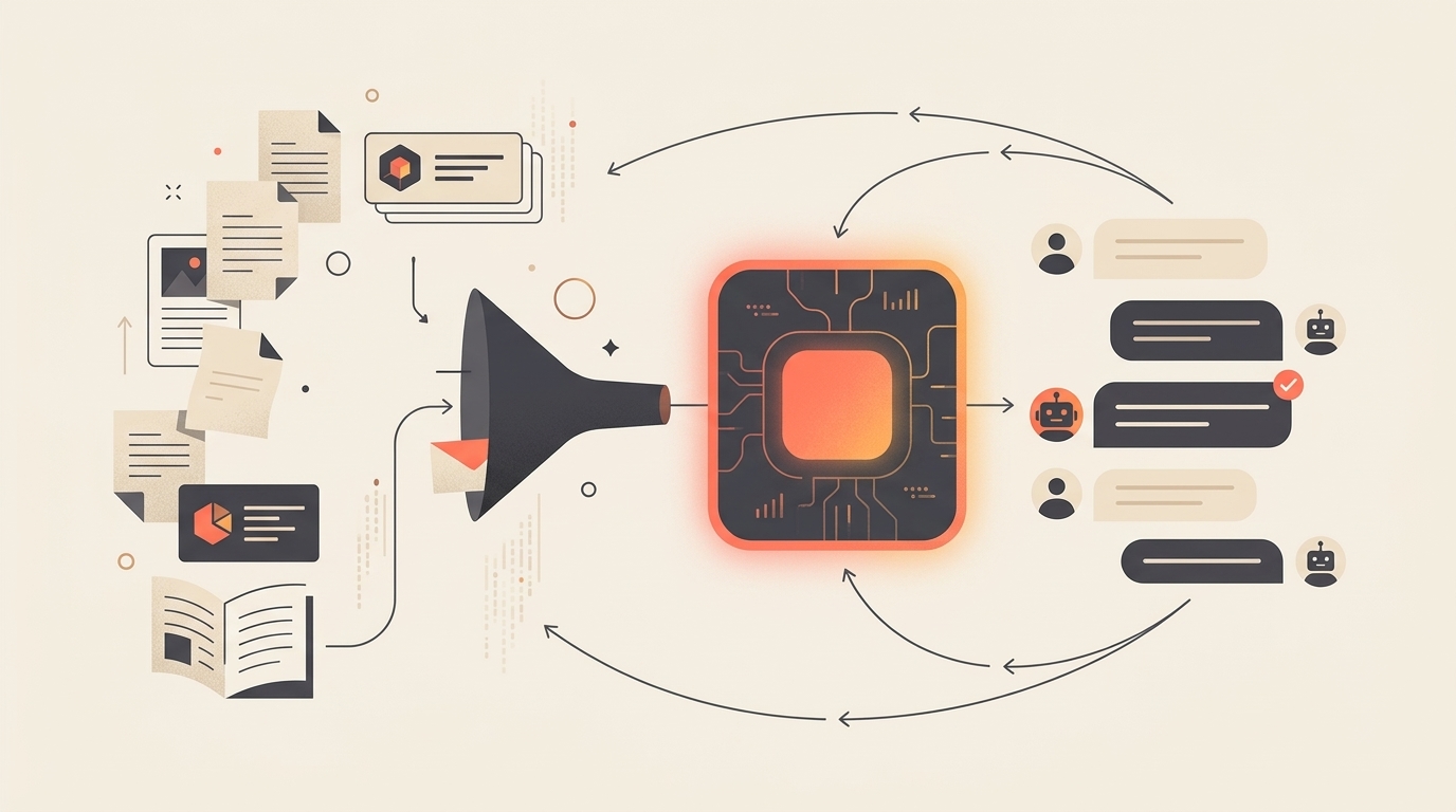 Illustration of documents flowing into a model that powers a chatbot