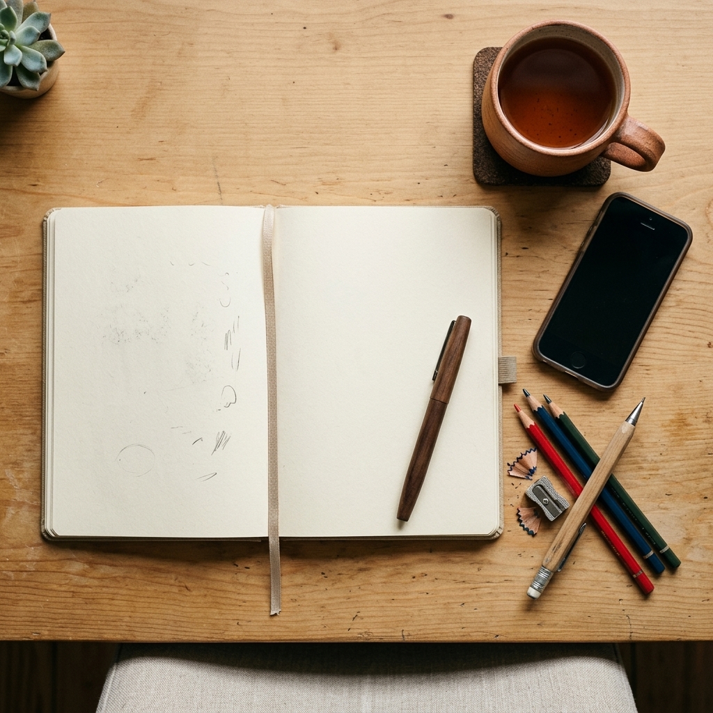 A desk with an open sketchbook, pencils, a phone and a cup of tea