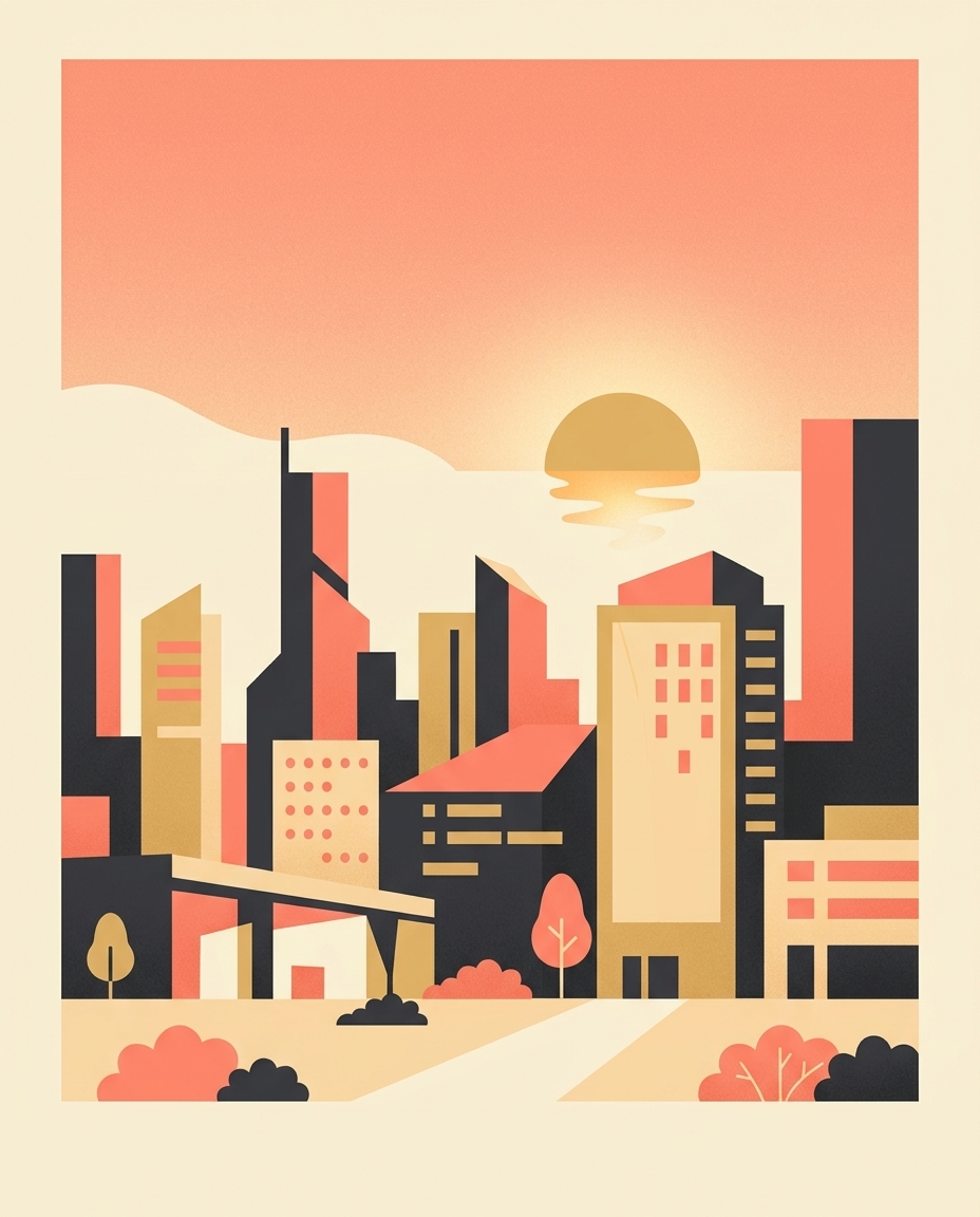 Illustration of a city skyline at sunrise in coral, cream and charcoal