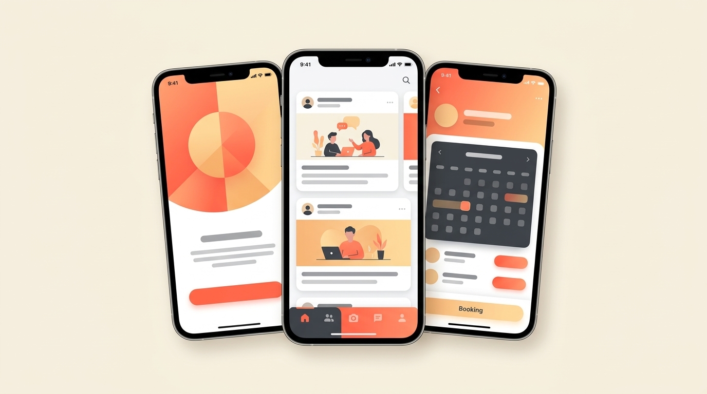 Three Flutter mobile app screens