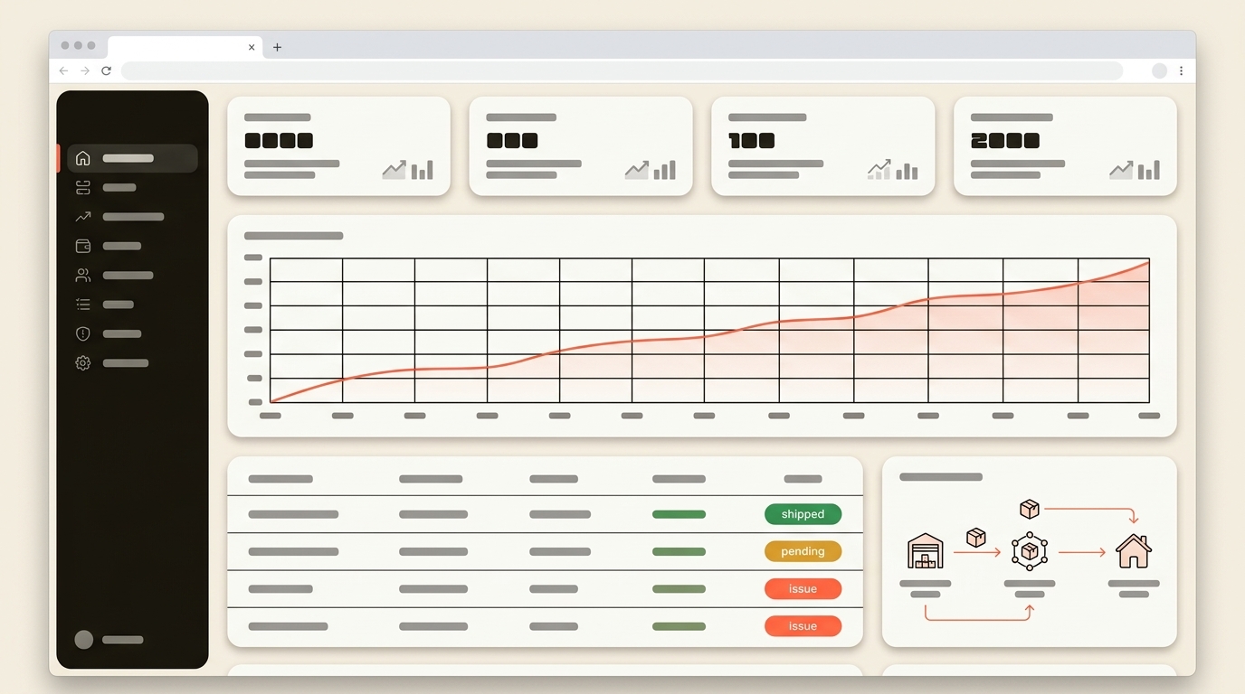 Dropshipping operations dashboard with orders and shipping flow
